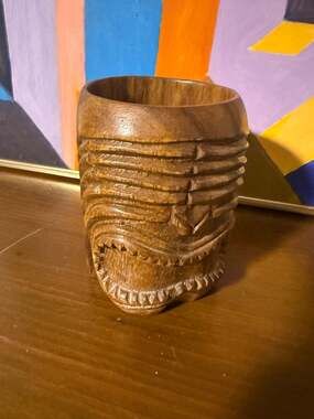 Vintage Hand-carved Wooden Tiki Mug Expressive Grin & Textured Grooved Details